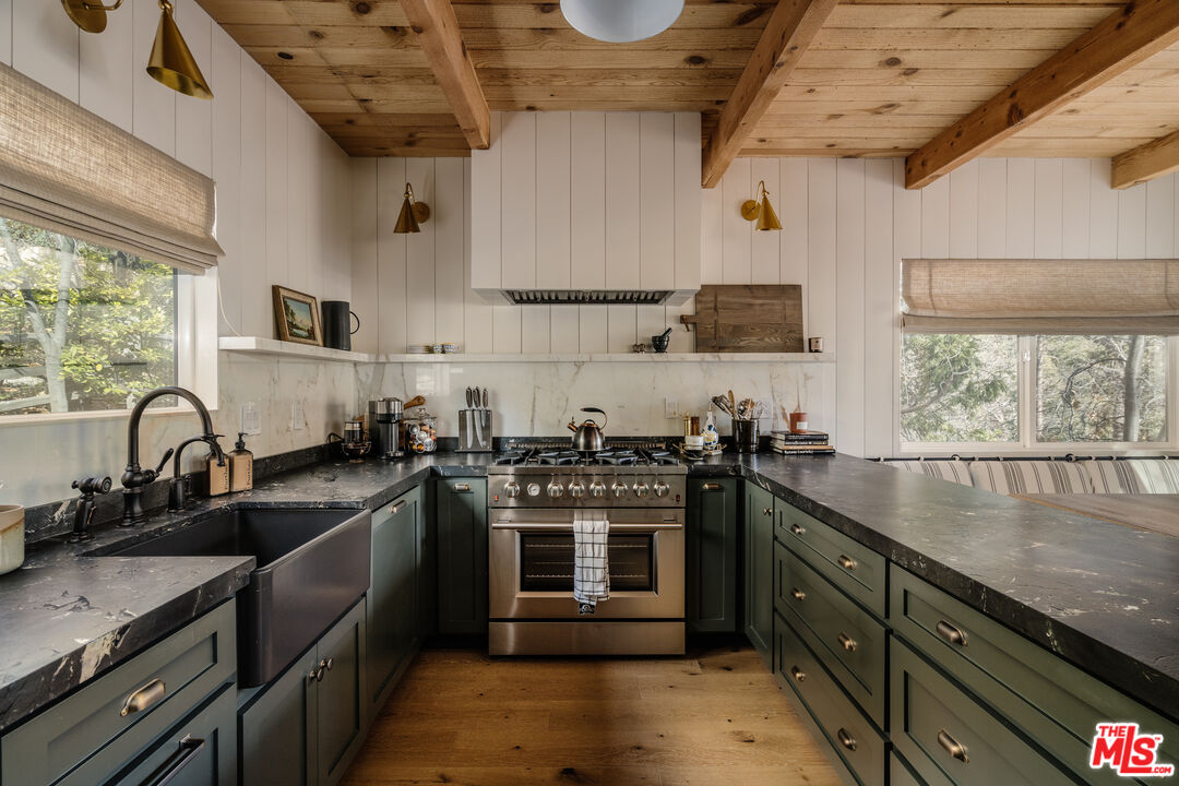 28805 North Shore Road Lake Arrowhead, CA 92352 - Photo 8 of 40 a kitchen with stainless steel appliances granite countertop a sink stove and cabinets