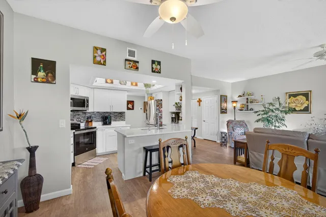 a view of a park with a palm tree