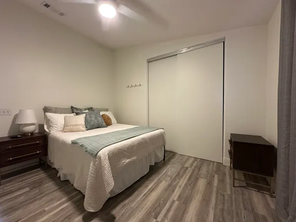 a room with a bed and a table