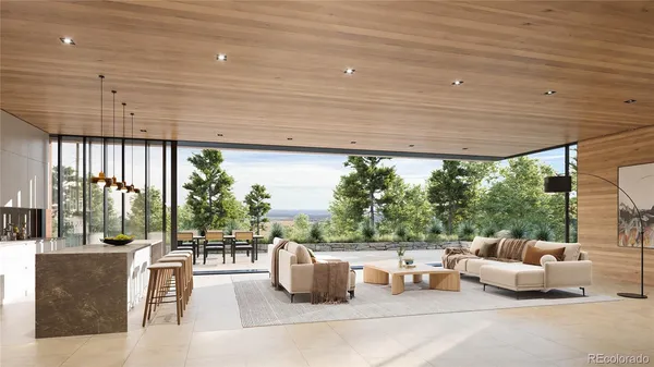 a spacious bedroom with a large window and a balcony