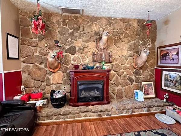 a living room with a fireplace and a fireplace