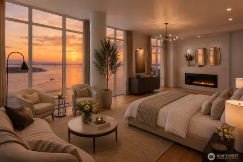 a spacious bedroom with a bed a couch and a fireplace with outer view