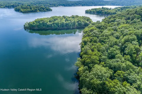 a view of a lake with houses in the back
