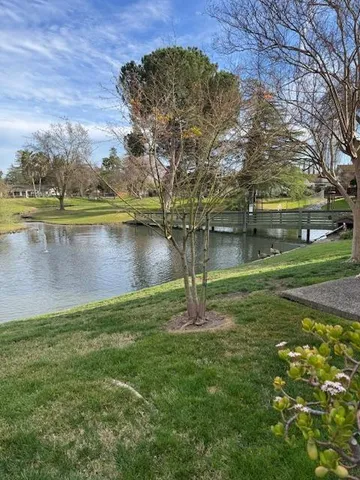 a view of a lake with a building in the background