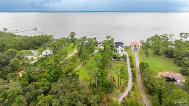 an aerial view of a house with a yard and lake view