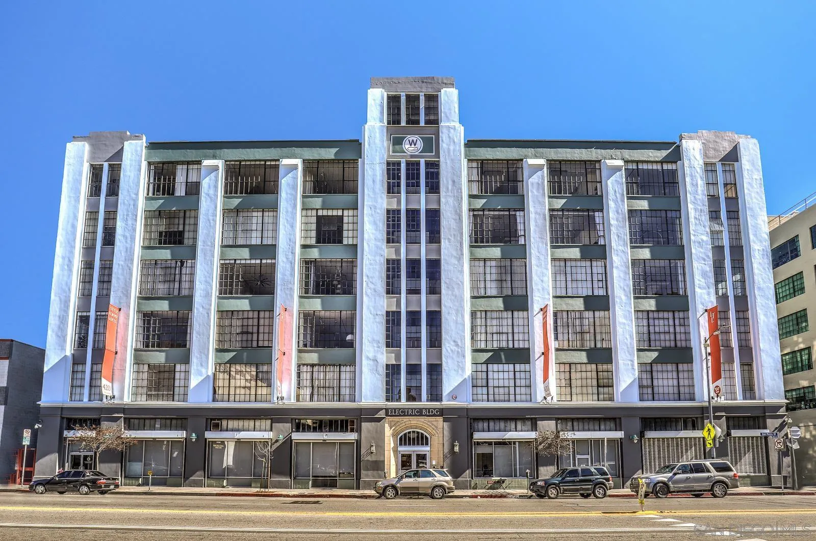 a front view of a building with street view