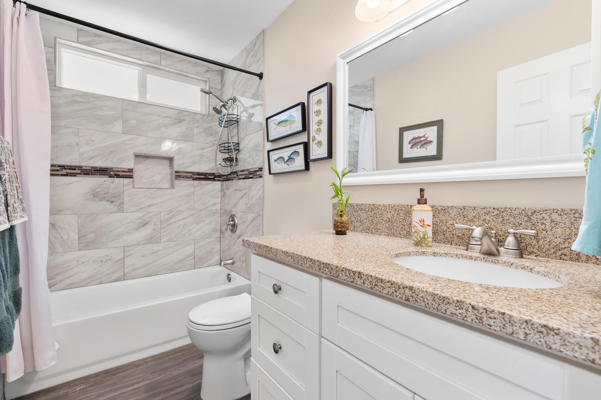 15-1635 Beach Road Keaau, HI 96749 - Photo 22 of 29 a bathroom with a granite countertop sink toilet and shower