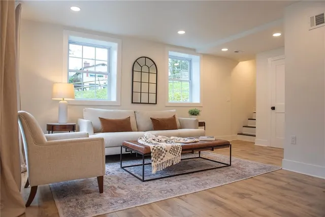 a living room with furniture and a potted plant