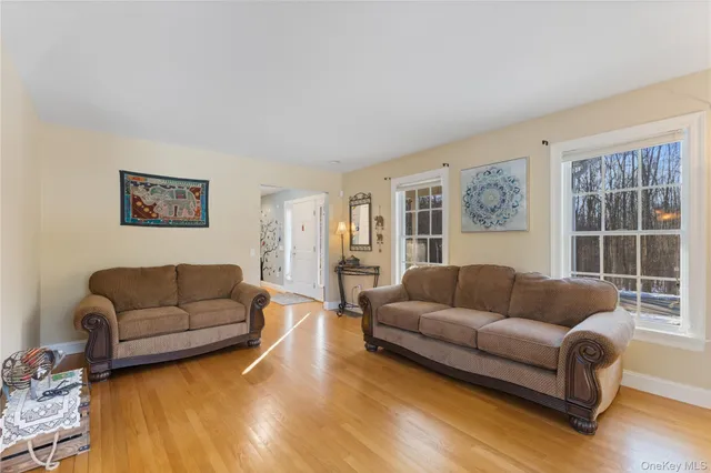 a living room with furniture and a dining table with wooden floor