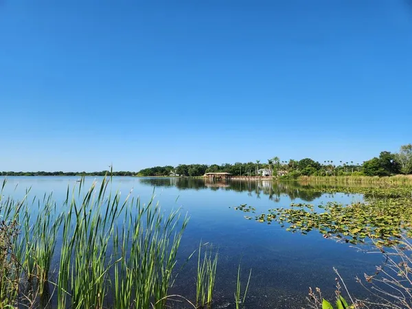 a view of lake with green space