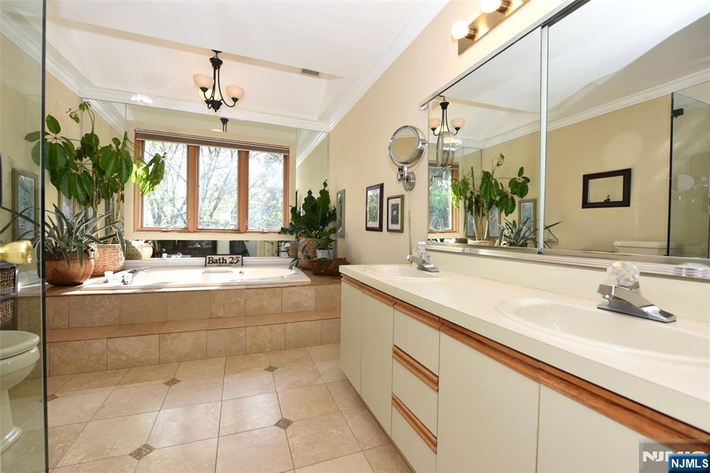 41 Litchult Lane Mahwah, NJ 07430 - Photo 24 of 50 a bathroom with a granite countertop sink a large mirror and a bathtub