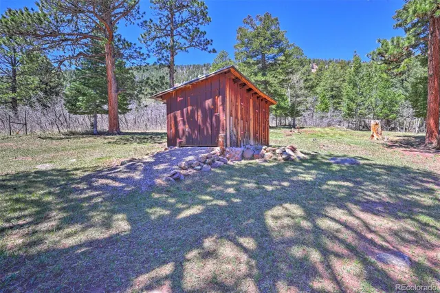a view of a backyard with large trees