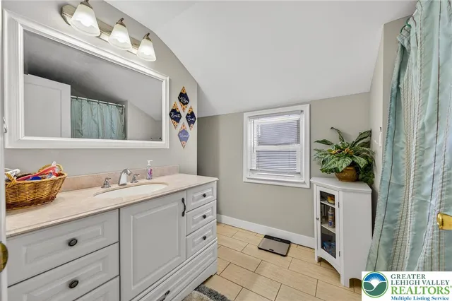 a bathroom with a sink a mirror and a shower