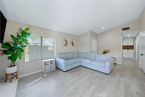 a living room with furniture and a potted plant