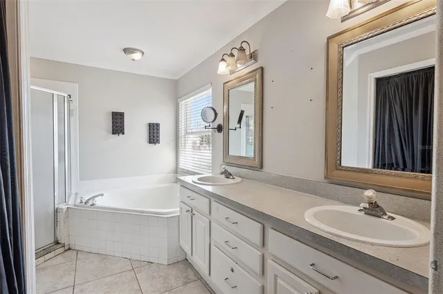 a bathroom with a tub sink and mirror
