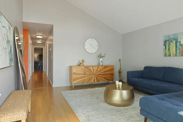 a living room with furniture and a rug