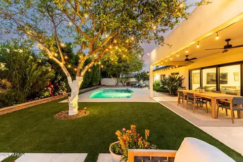 a view of a garden with patio
