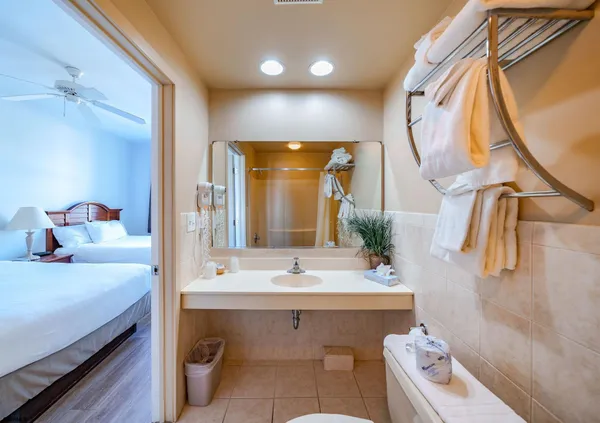 a bathroom with a sink vanity and a mirror
