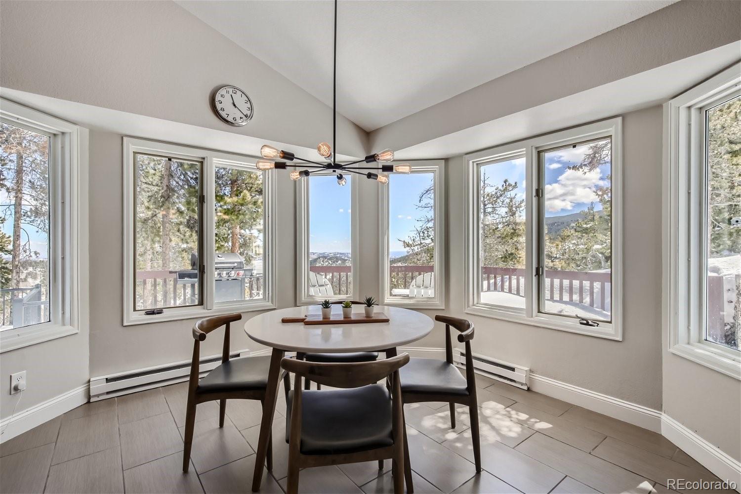 27732 Squaw Pass Road Evergreen, CO 80439 - Photo 7 of 33 a view of a dining room with furniture large windows and wooden floor