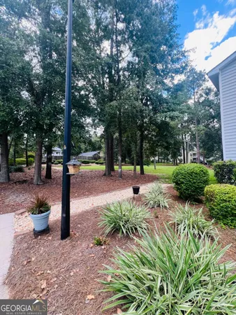 a view of a park with large trees