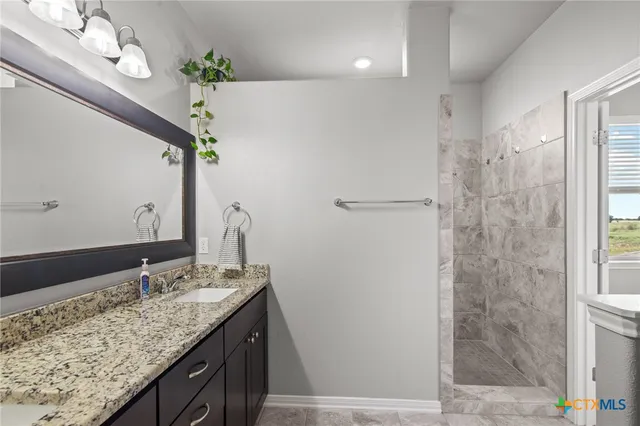 a bathroom with a granite countertop sink a mirror and shower