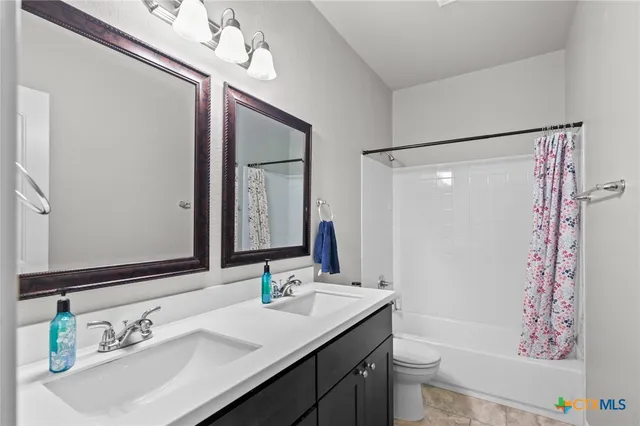 a bathroom with a sink a toilet a mirror a vanity and shower