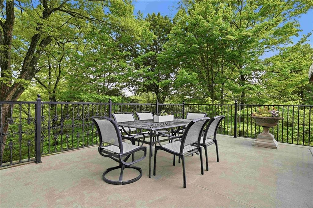 810 Persimmon Road Sewickley, PA 15143 - Photo 19 of 49 The rear terrace dining area features ornate cast iron railing with fleur-de-lis detailing and a lush wooded backdrop — an idyllic setting for al fresco entertaining.