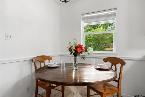 a view of a dining room with furniture and window