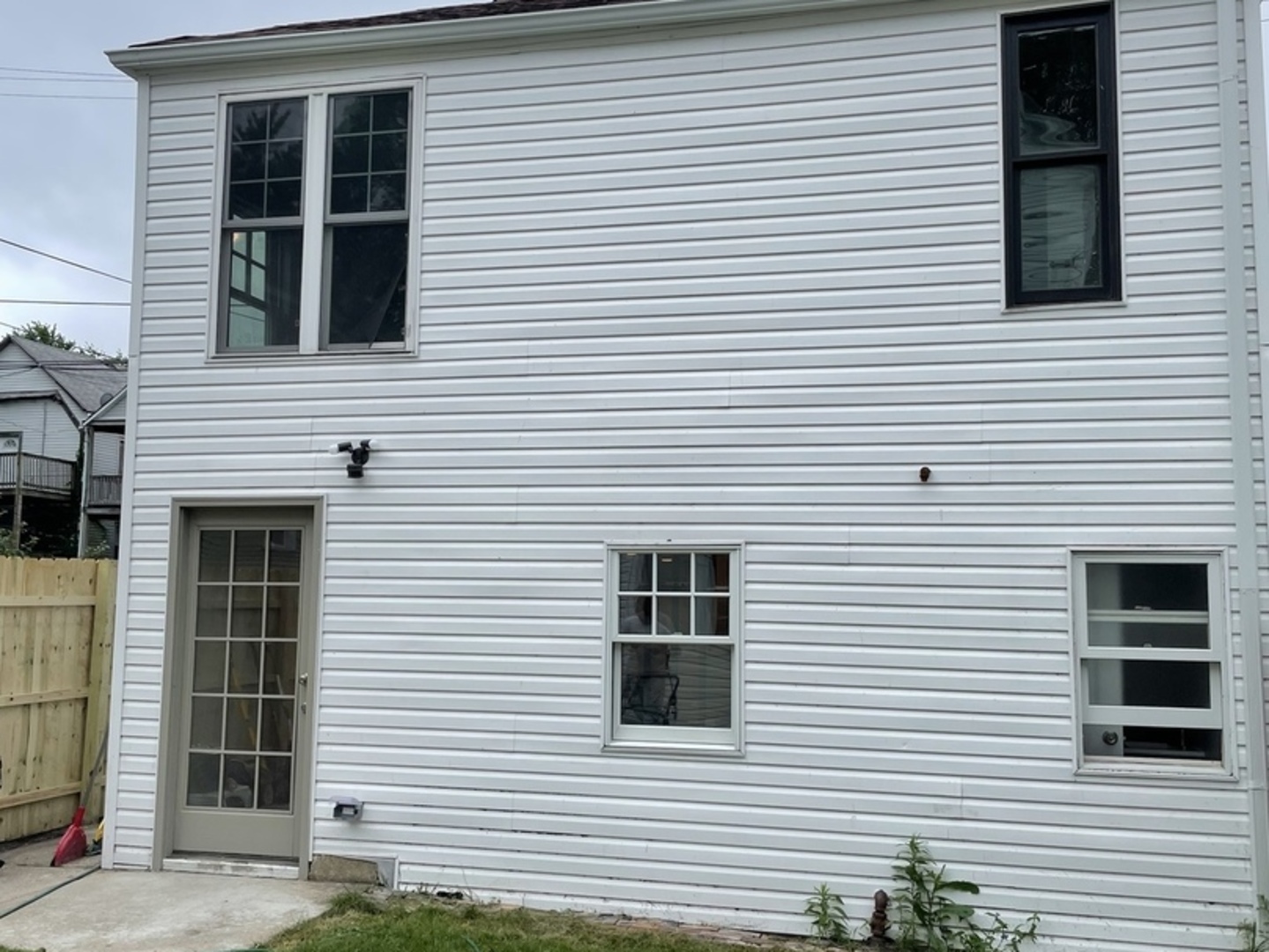 a view of a house with white door