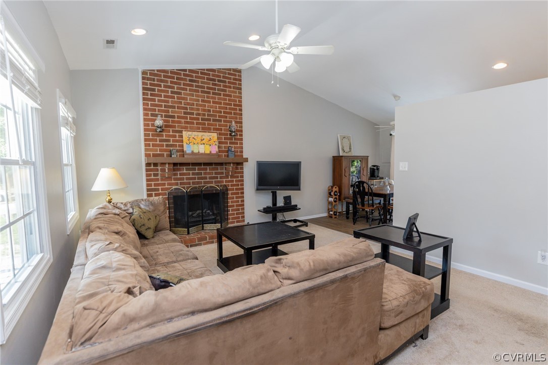 Family Room with Vaulted Ceilings and Fan