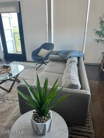 a view of a living room with furniture and a potted plant