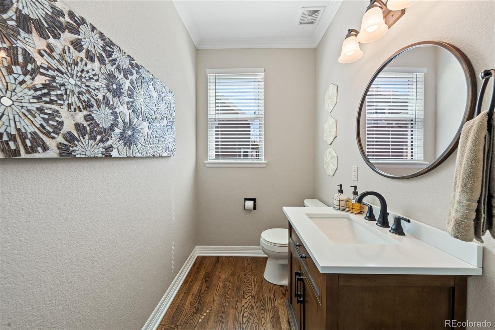 10289 South Dan Court Highlands Ranch, CO 80130 - Photo 15 of 36 a bathroom with a sink a mirror a vanity and a window
