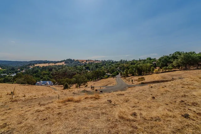 a view of a dry yard with a mountain