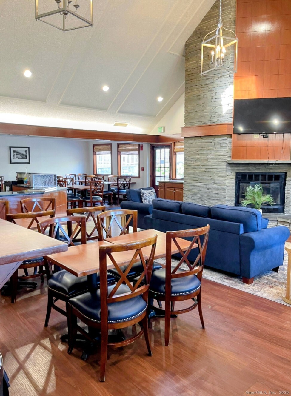 a living room with furniture a dining table and a potted plant