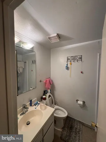 a bathroom with a sink mirror vanity and toilet