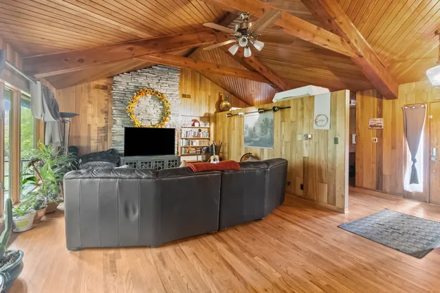 a living room with furniture and a potted plant