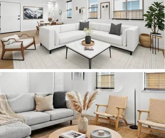 a living room with furniture and a potted plant