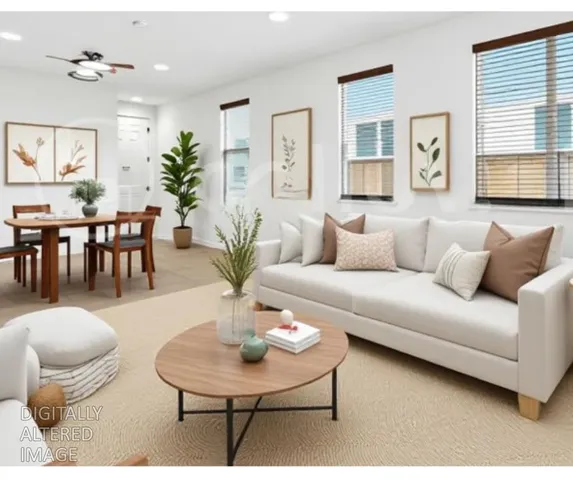 a living room with furniture potted plant and a window
