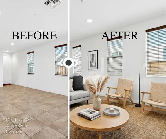 a living room with furniture and a table