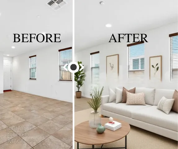 a living room with furniture and a potted plant