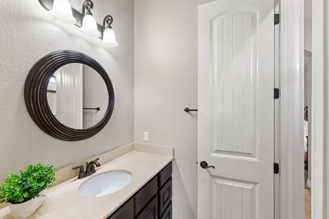 a bathroom with a sink and a mirror