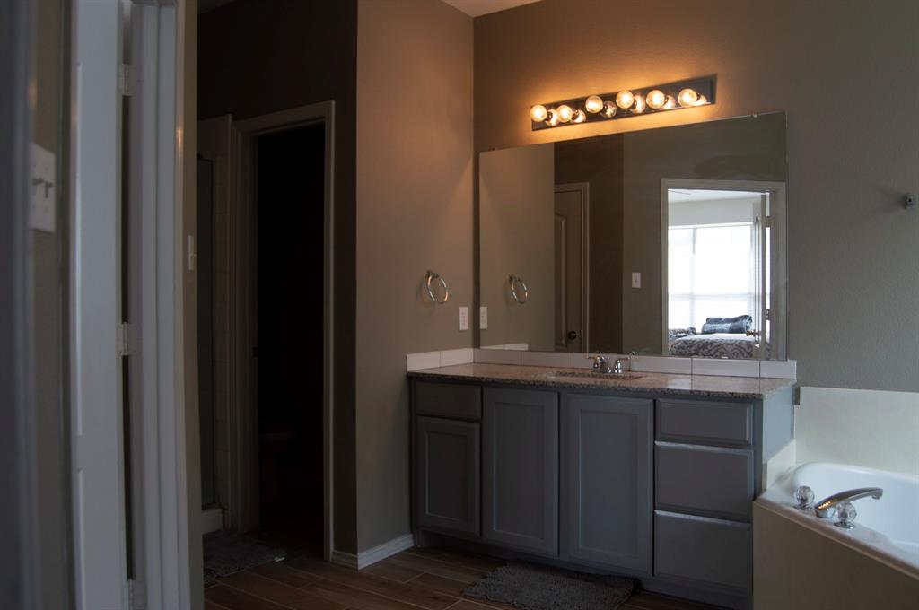 2700 Hereford Road Denton, TX 76210 - Photo 33 of 38 Bathroom featuring vanity, connected bathroom, a garden tub, and dark wood finished floors