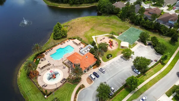 an aerial view of a swimming pool