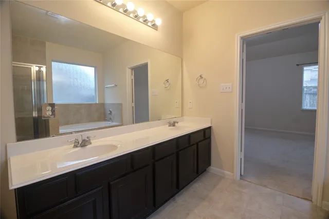 a bathroom with a double vanity sink and a mirror