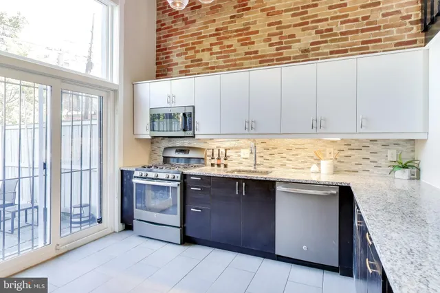 a kitchen with stainless steel appliances granite countertop a stove a sink and a microwave