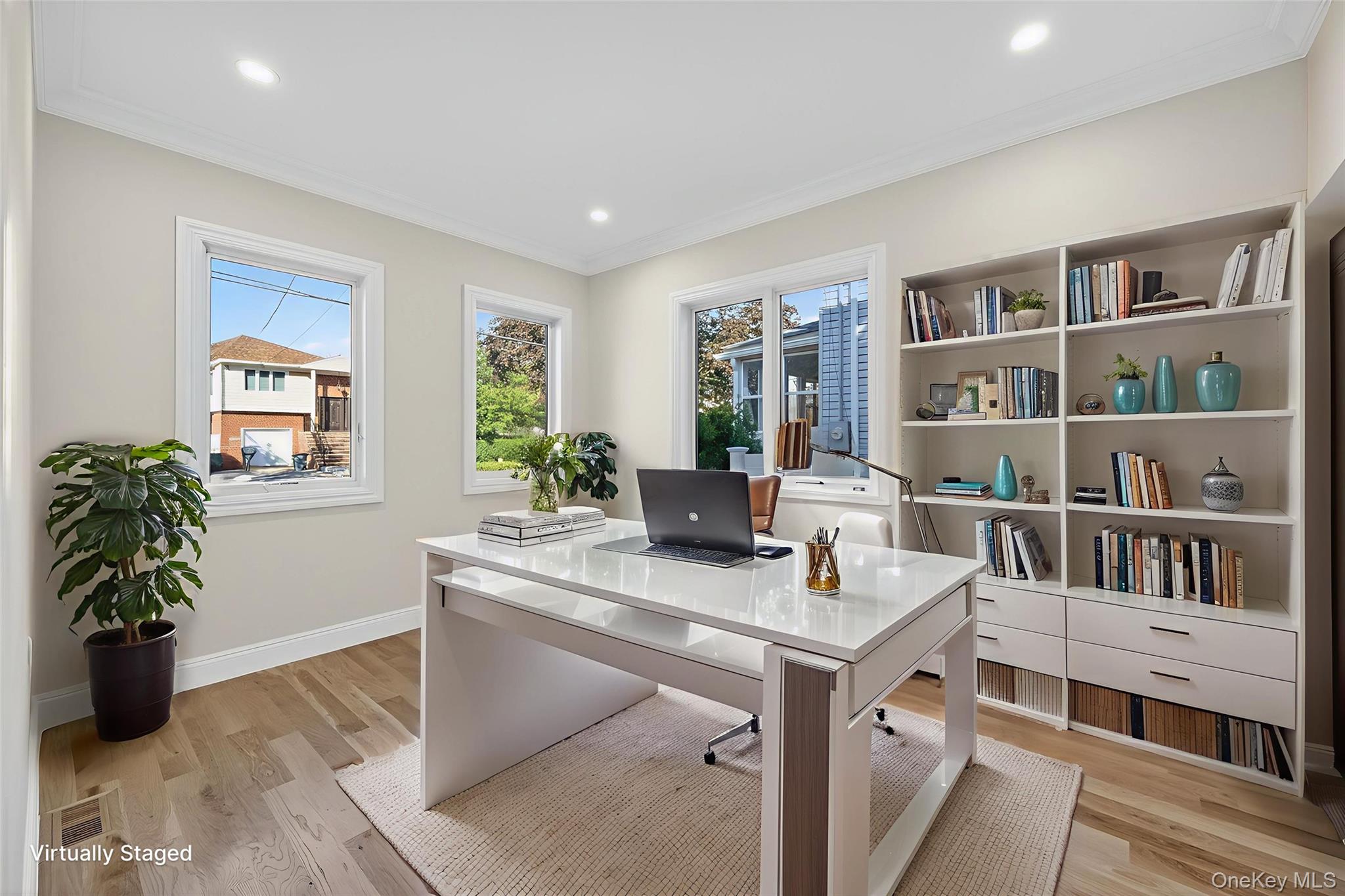 80 Clapham Avenue Manhasset, NY 11030 - Photo 11 of 31 Office space with light wood-style floors, crown molding, and recessed lighting