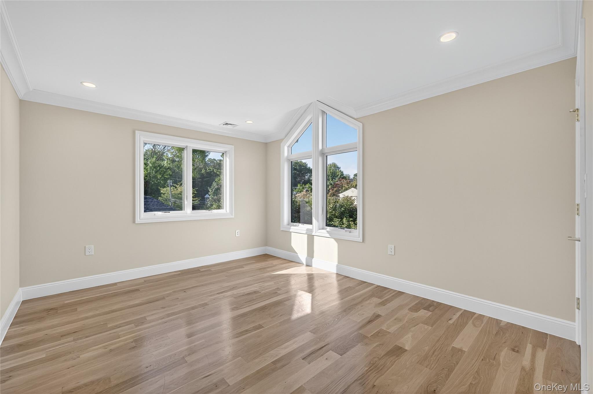 80 Clapham Avenue Manhasset, NY 11030 - Photo 17 of 31 Empty room featuring ornamental molding, healthy amount of natural light, light wood-style flooring, and recessed lighting