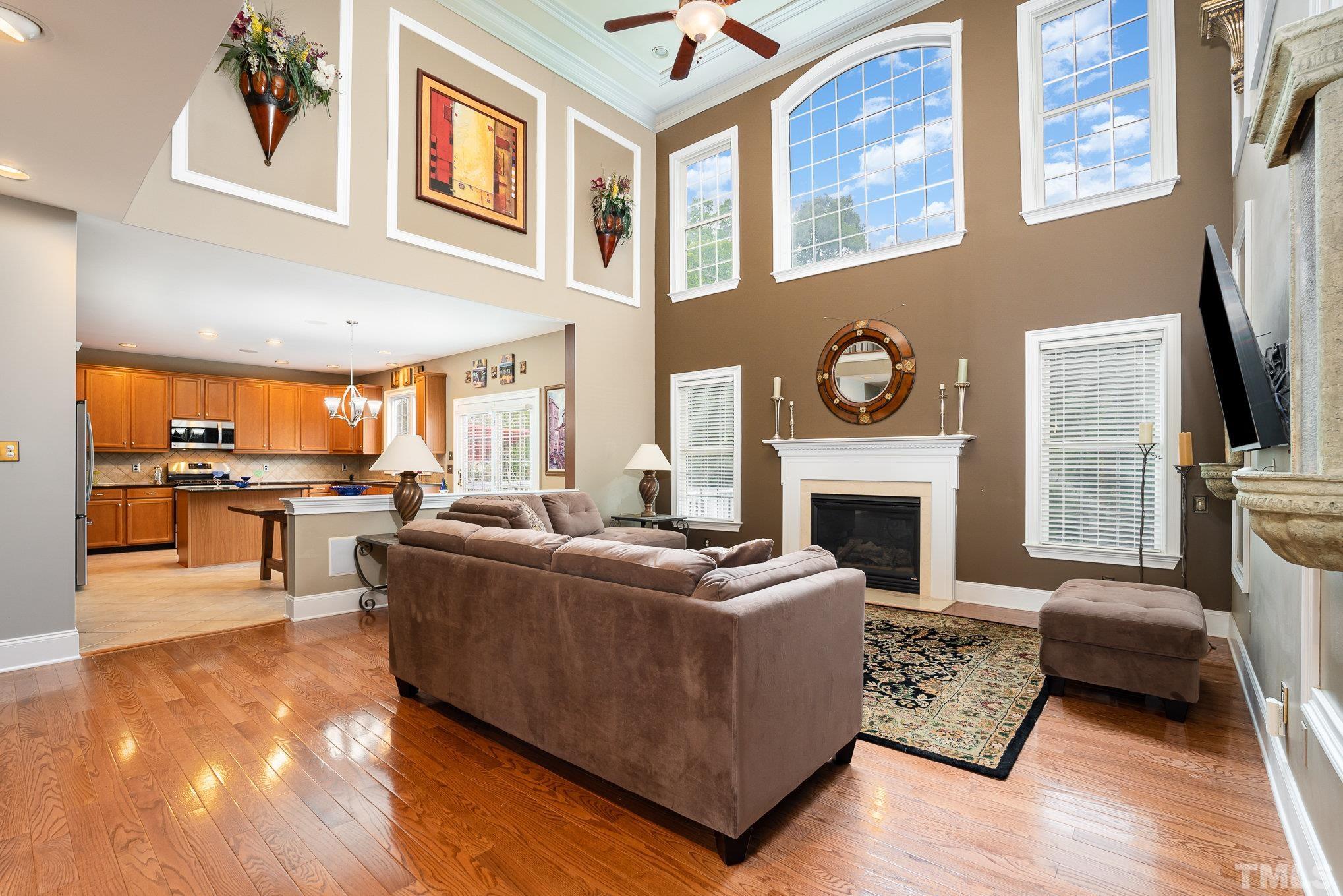 9300 Palm Bay Circle Raleigh, NC 27617 - Photo 6 of 30 a living room with furniture a fireplace and a flat screen tv