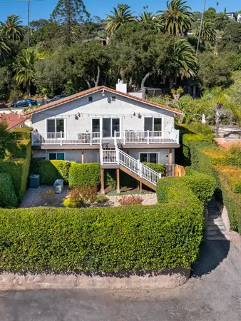 a aerial view of a house with a yard and potted plants