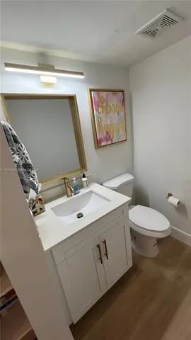 a bathroom with a sink mirror vanity and toilet